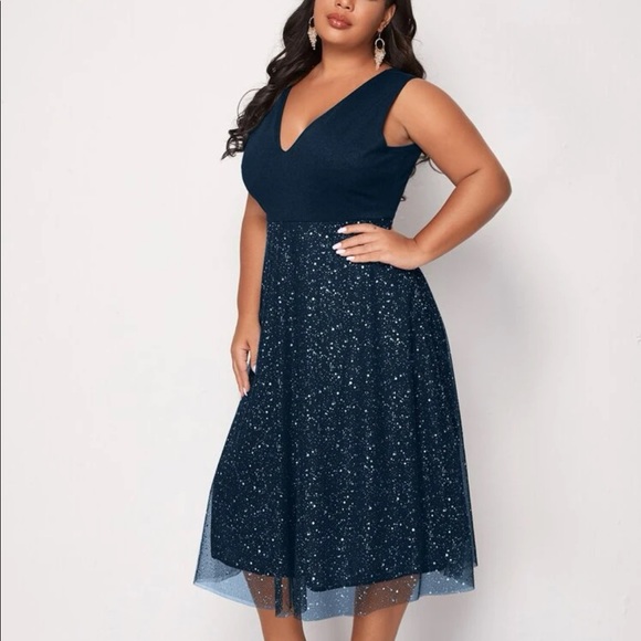 Boho v neck glitter mesh midi dress navy blue - Picture 8 of 9